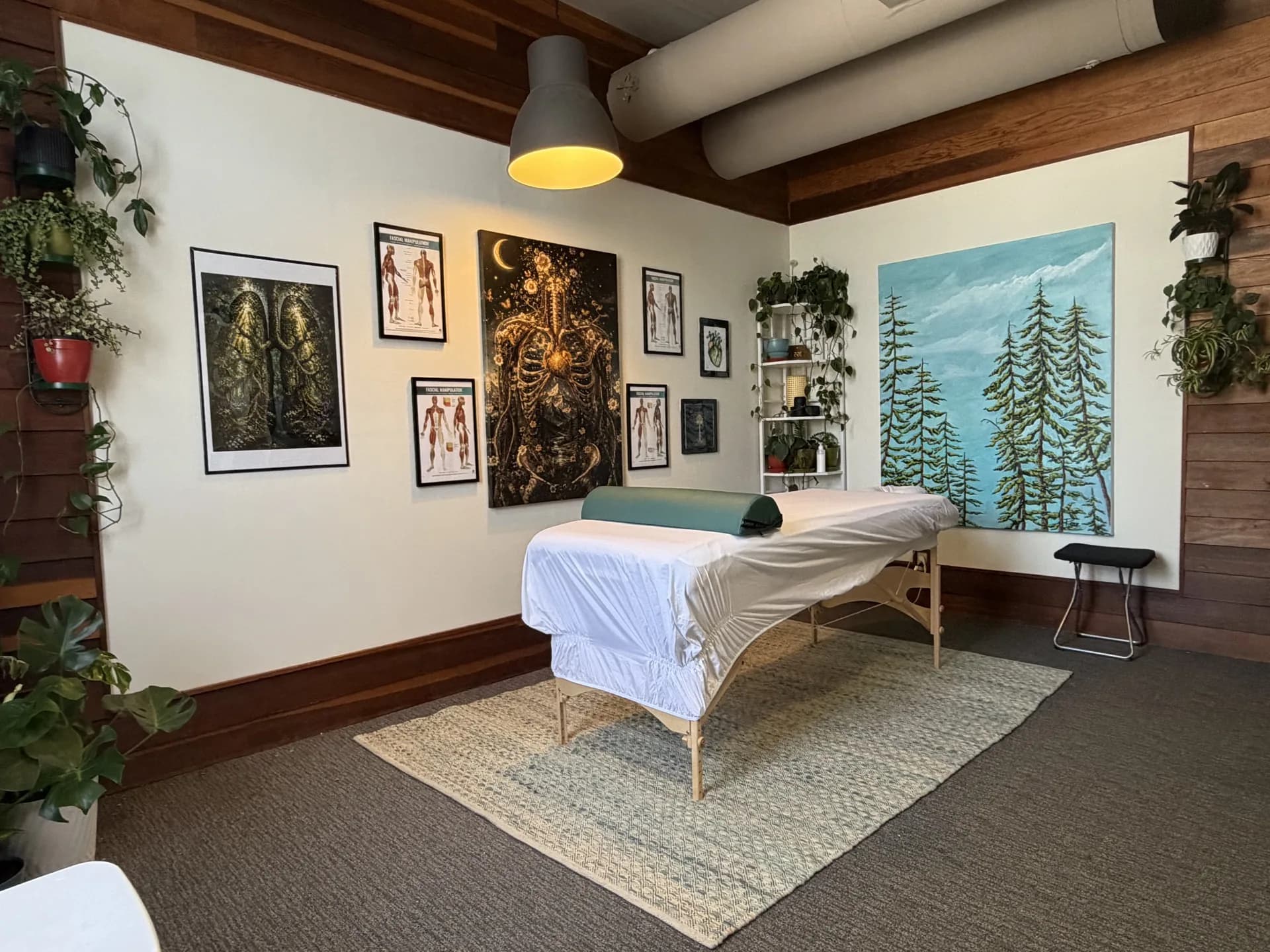 Corner view of the Eugene treatment room with plants and a painted forest mural