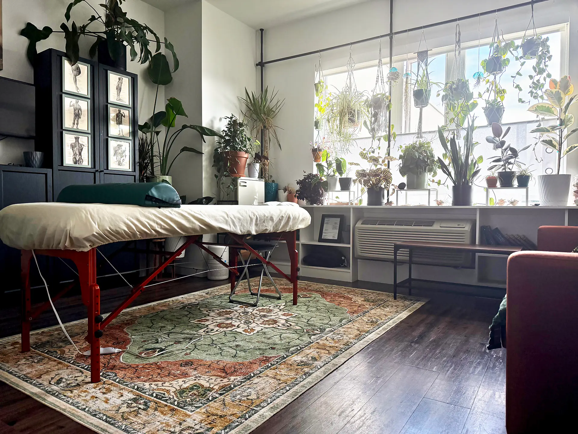 Massage table on a patterned rug beside the sunlit plant window in the Portland studio