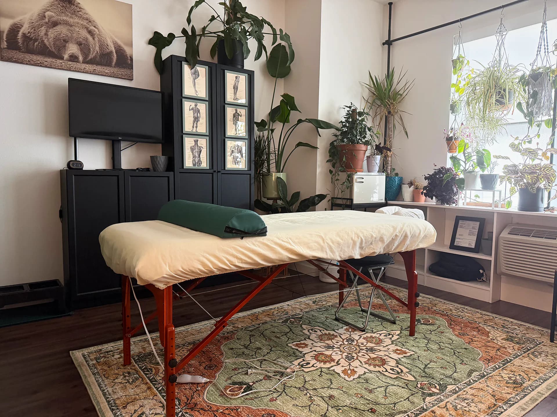 Massage table in the Renewed Bodyworks Portland studio beside a window of hanging plants and framed anatomy prints